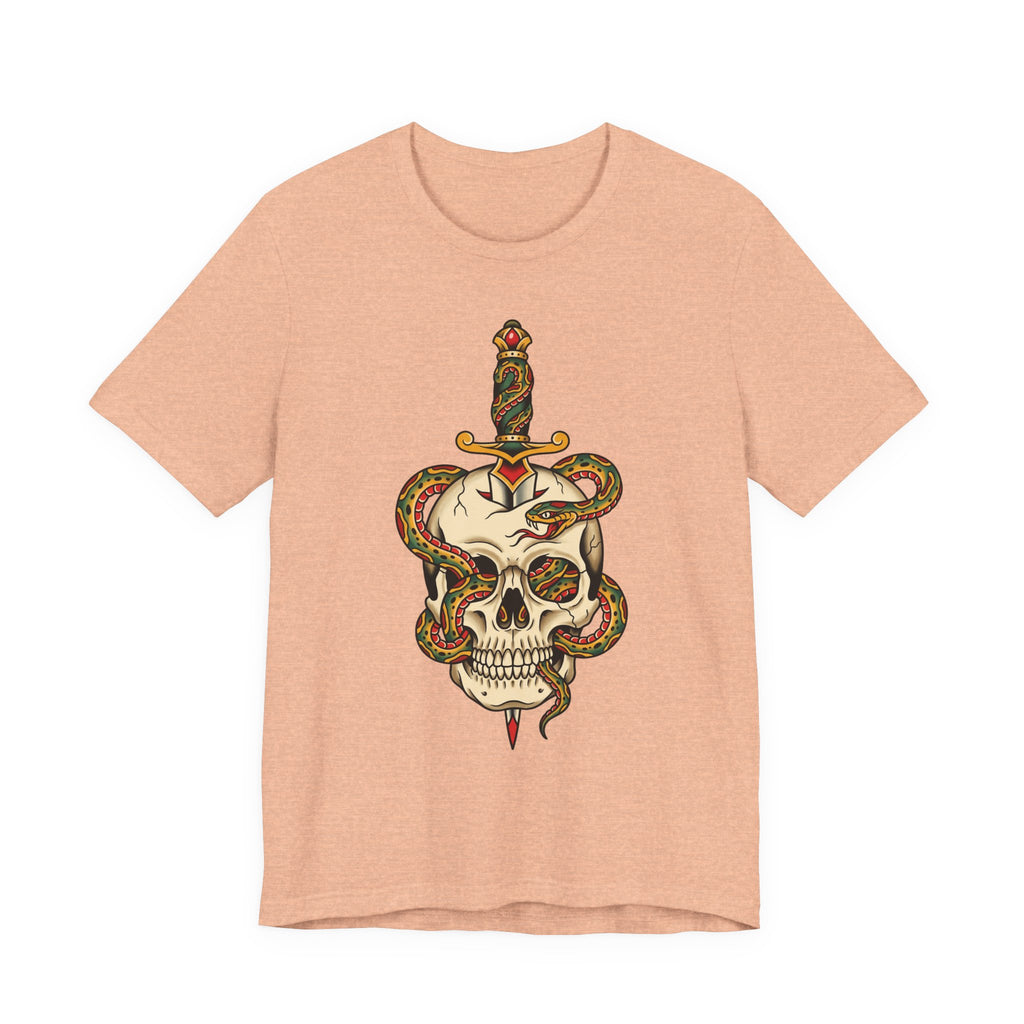 Peach unisex T-shirt with colorful snake skull and dagger front print
