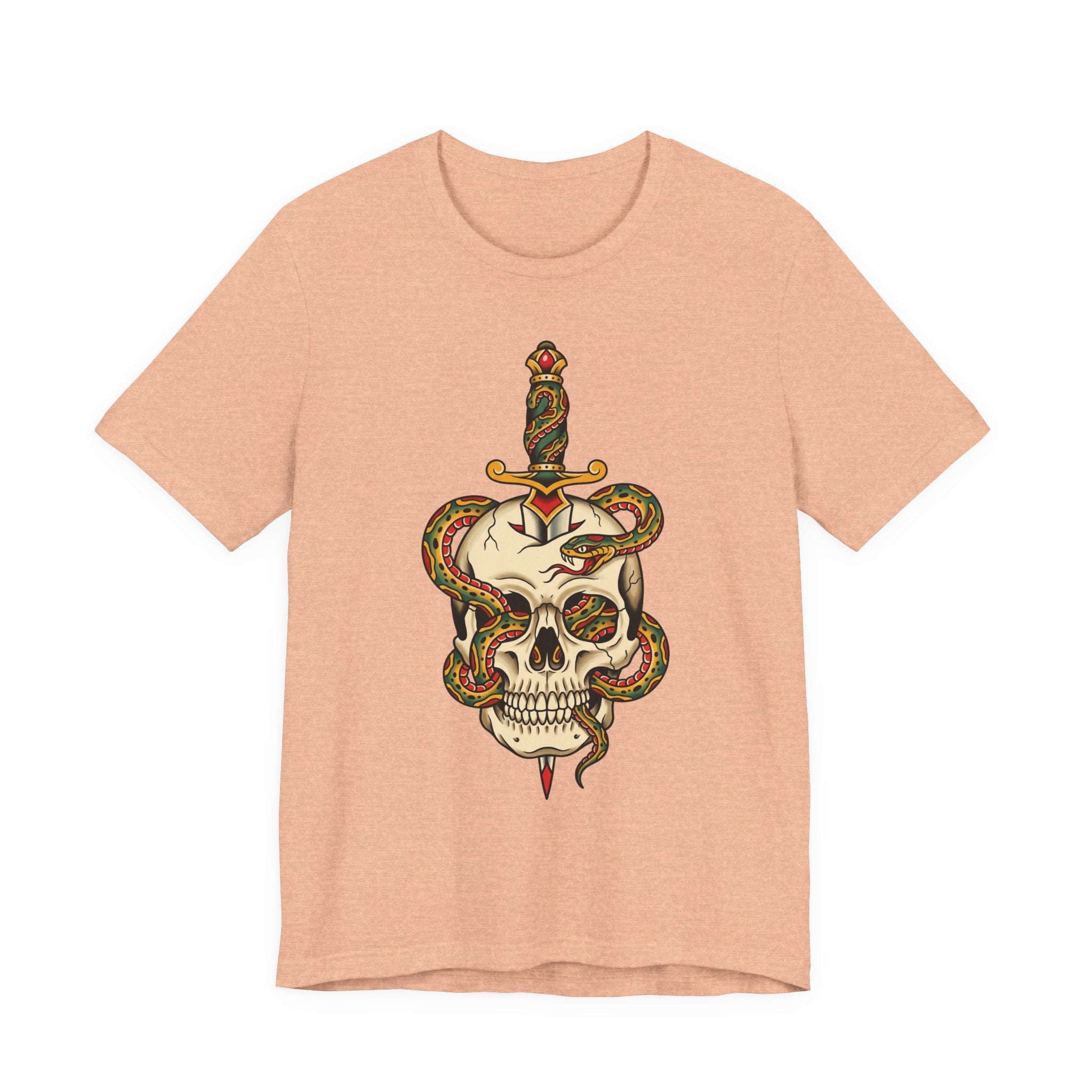 Peach unisex T-shirt with colorful snake skull and dagger front print