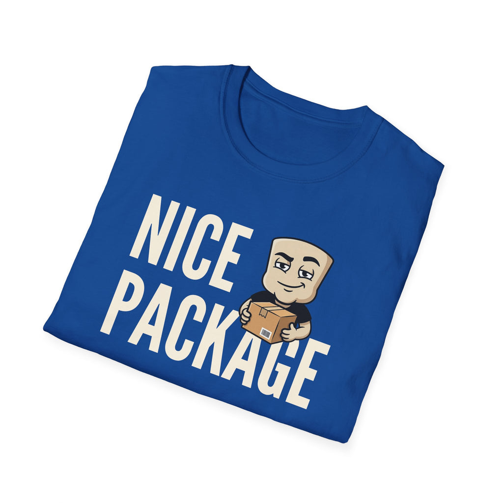 Royal blue T-shirt with 'NICE PACKAGE' text and cartoon delivery worker holding a box.