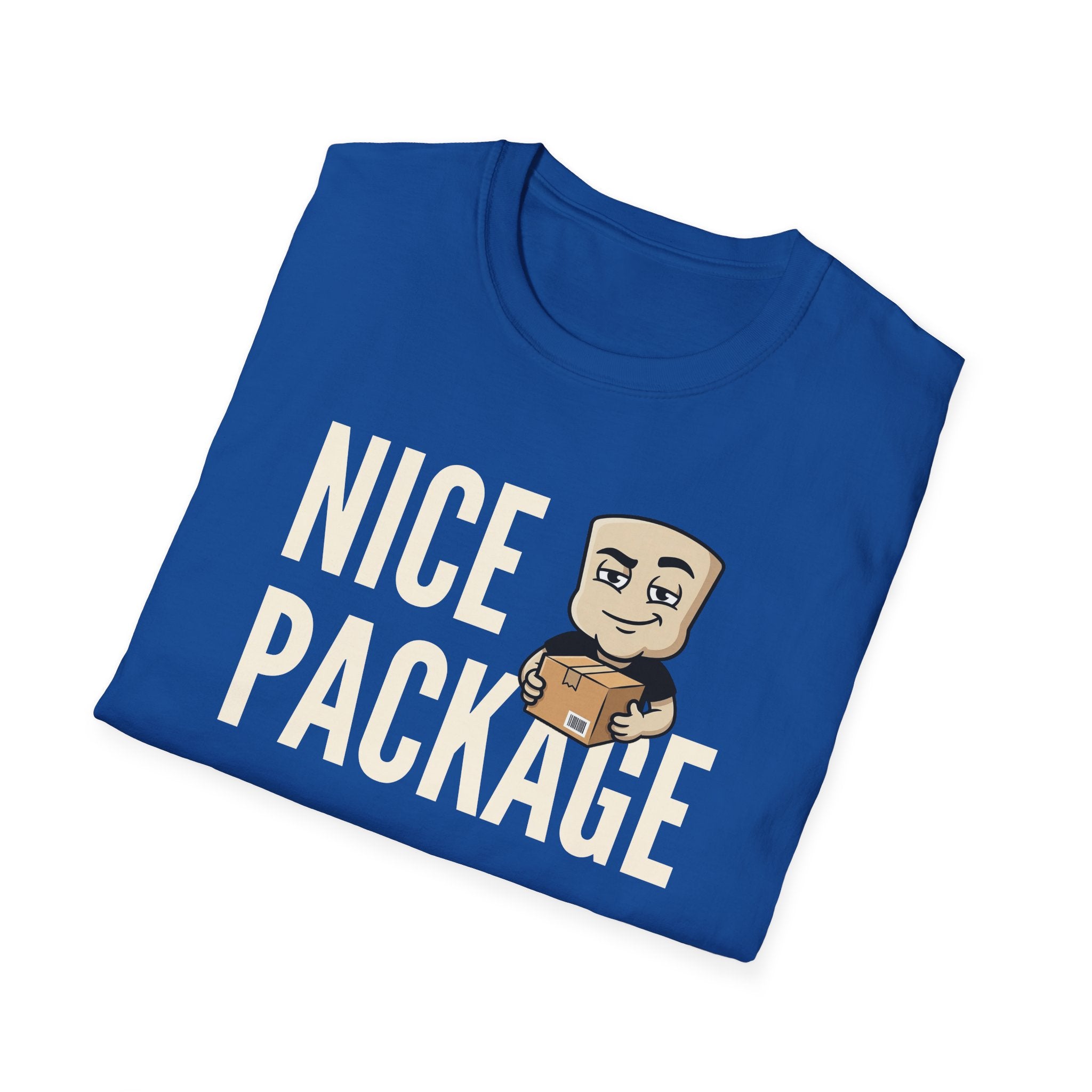 Royal blue T-shirt with 'NICE PACKAGE' text and cartoon delivery worker holding a box.