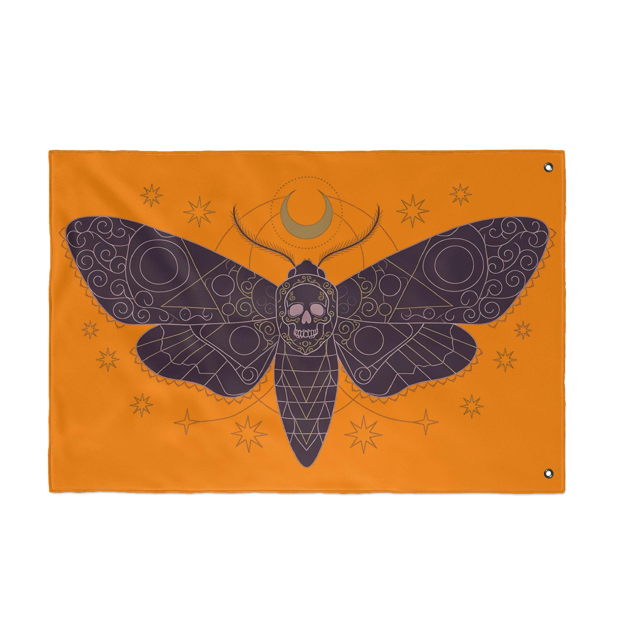 Orange gothic moth skull flag with purple wings, skull emblem, and corner grommets.
