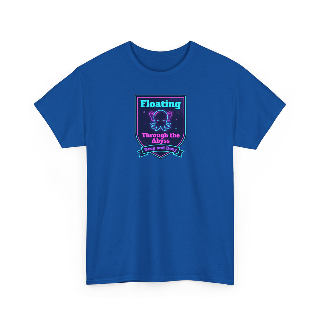 Blue crewneck graphic T-shirt with framed octopus artwork on front