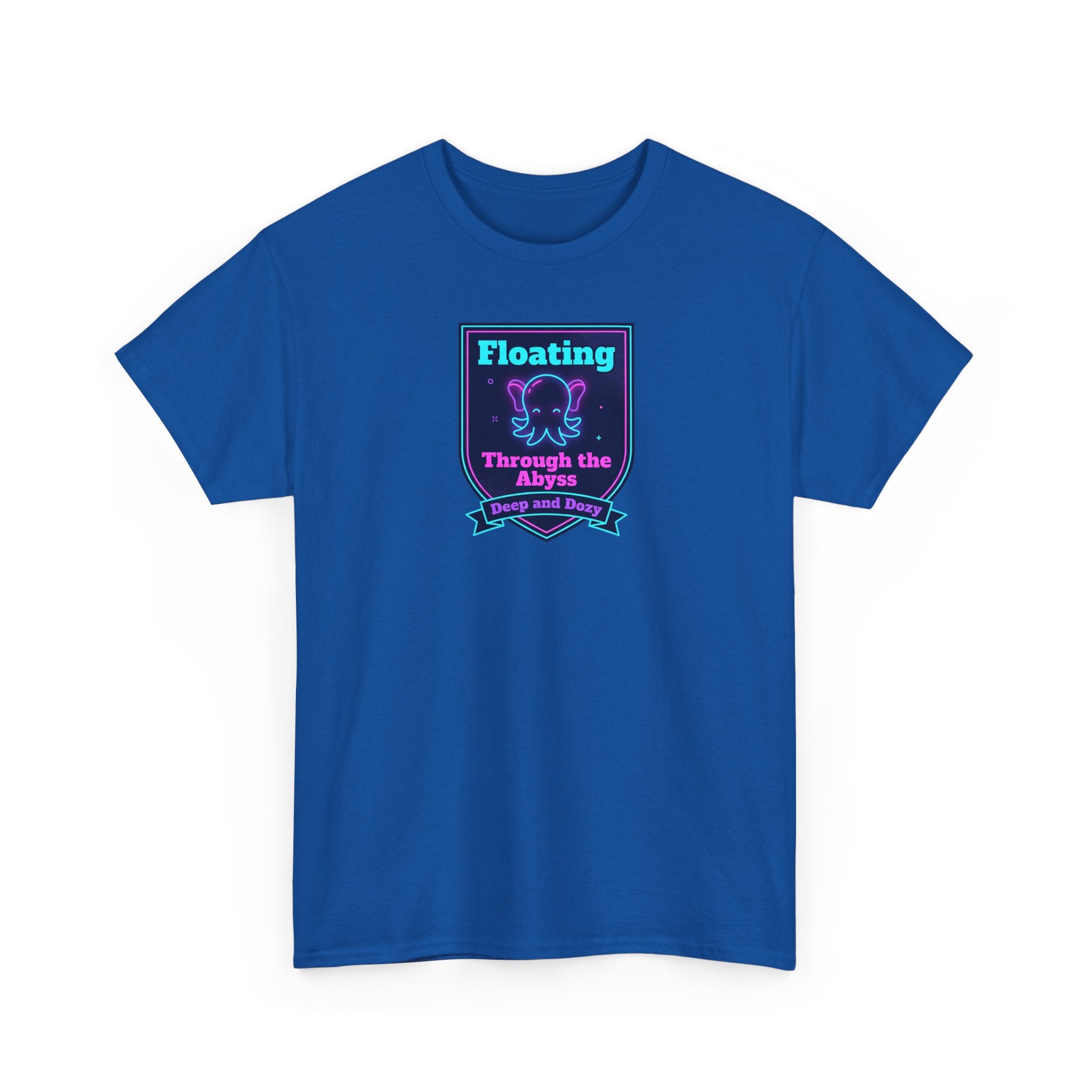 Blue crewneck graphic T-shirt with framed octopus artwork on front