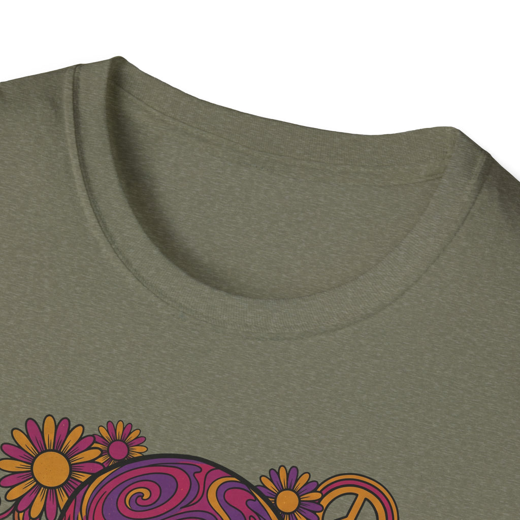 Olive crewneck with partial psychedelic skull flower graphic