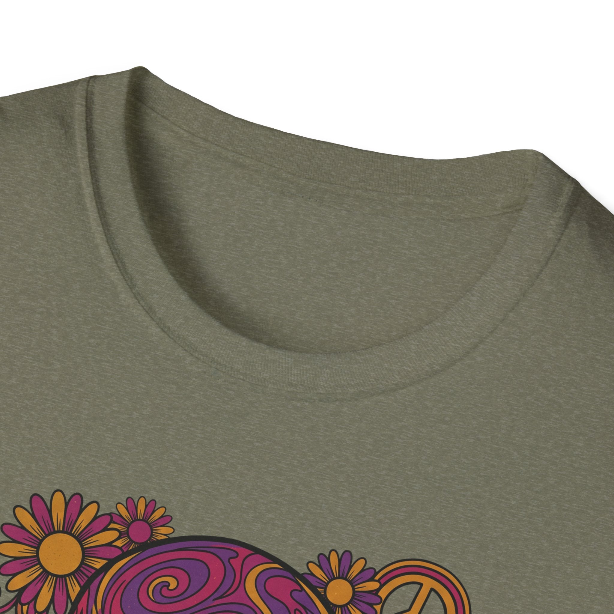 Olive crewneck with partial psychedelic skull flower graphic