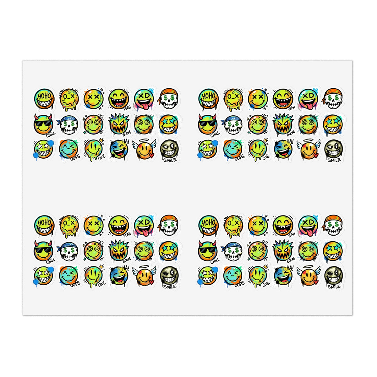 Die-cut emoji face icon sticker sheet with multiple emoji icons in bright colors