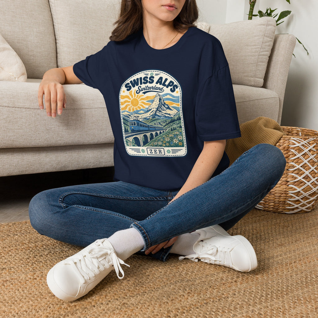 Swiss Alps mountain scene T-Shirt | Switzerland travel vintage badge