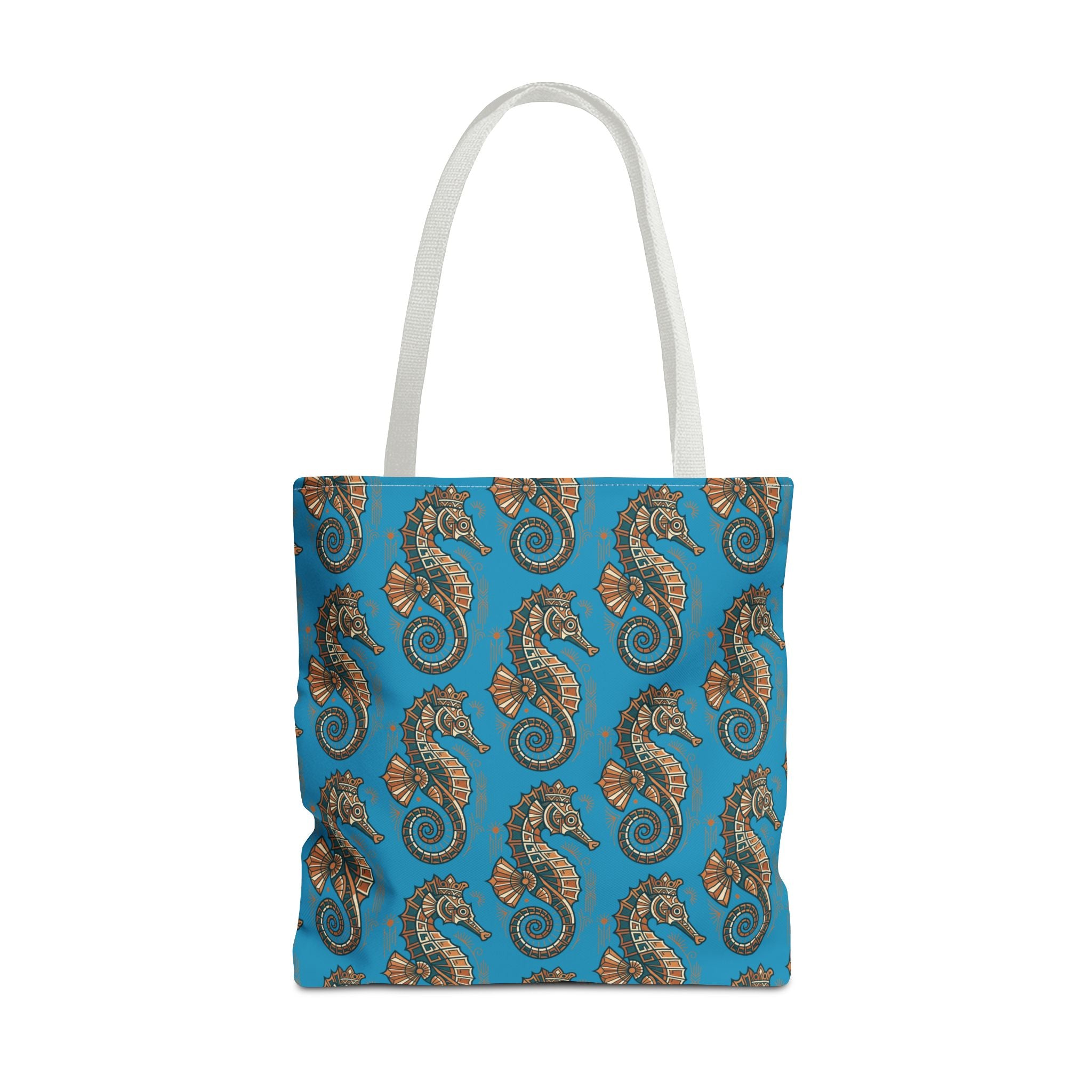 Ocean-blue tote bag with steampunk seahorse and gear motifs, gray handles