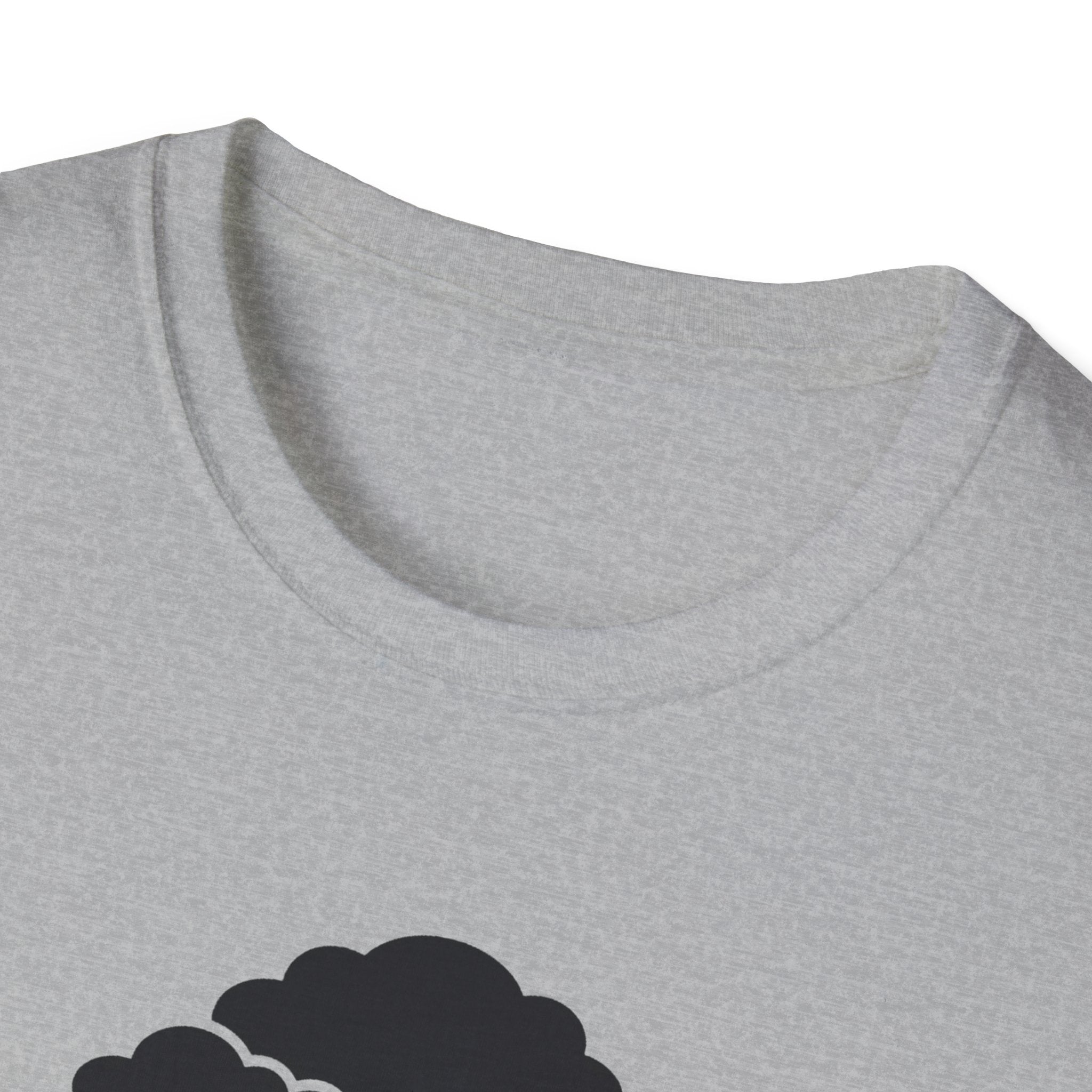 Gray T-shirt close-up of crew neck with partial black bonsai tree graphic