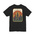 Black art deco T-shirt with Illinois skyline graphic and retro sunset badge