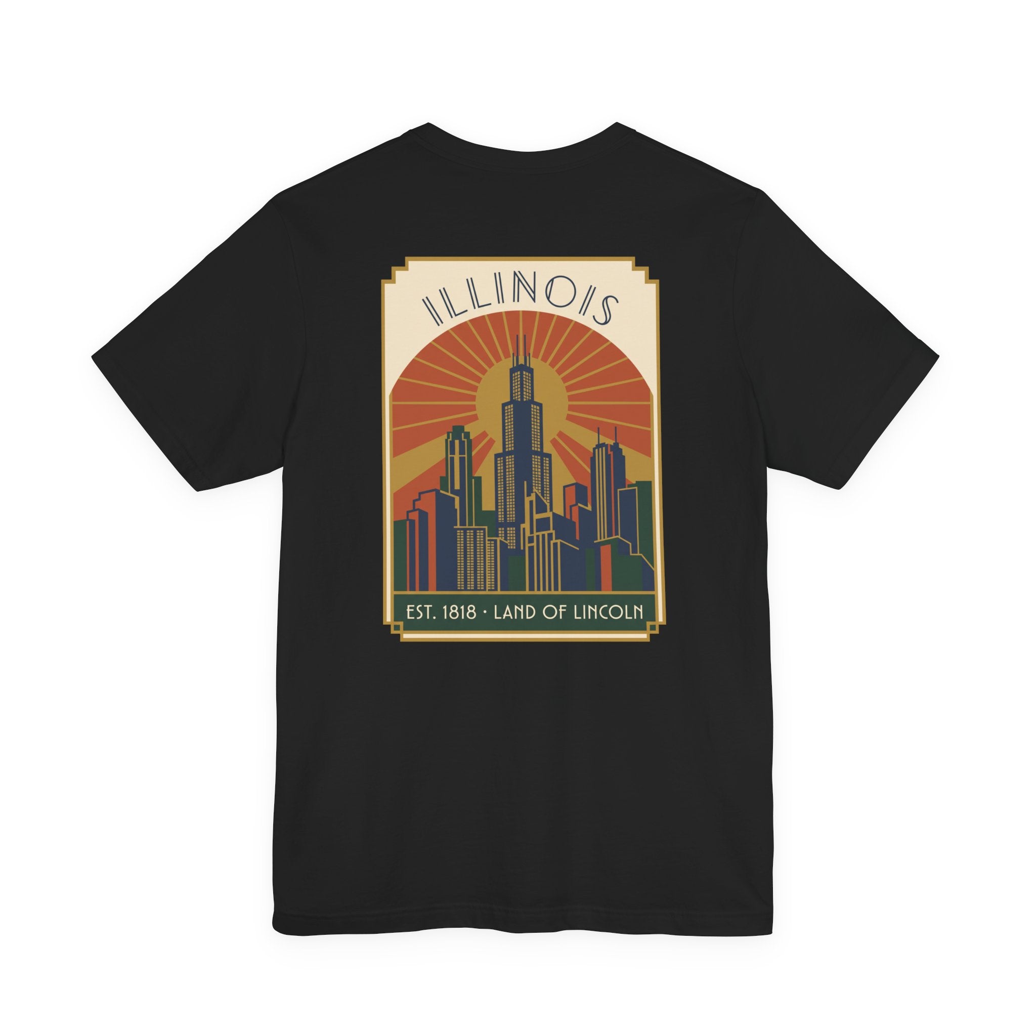 Black art deco T-shirt with Illinois skyline graphic and retro sunset badge
