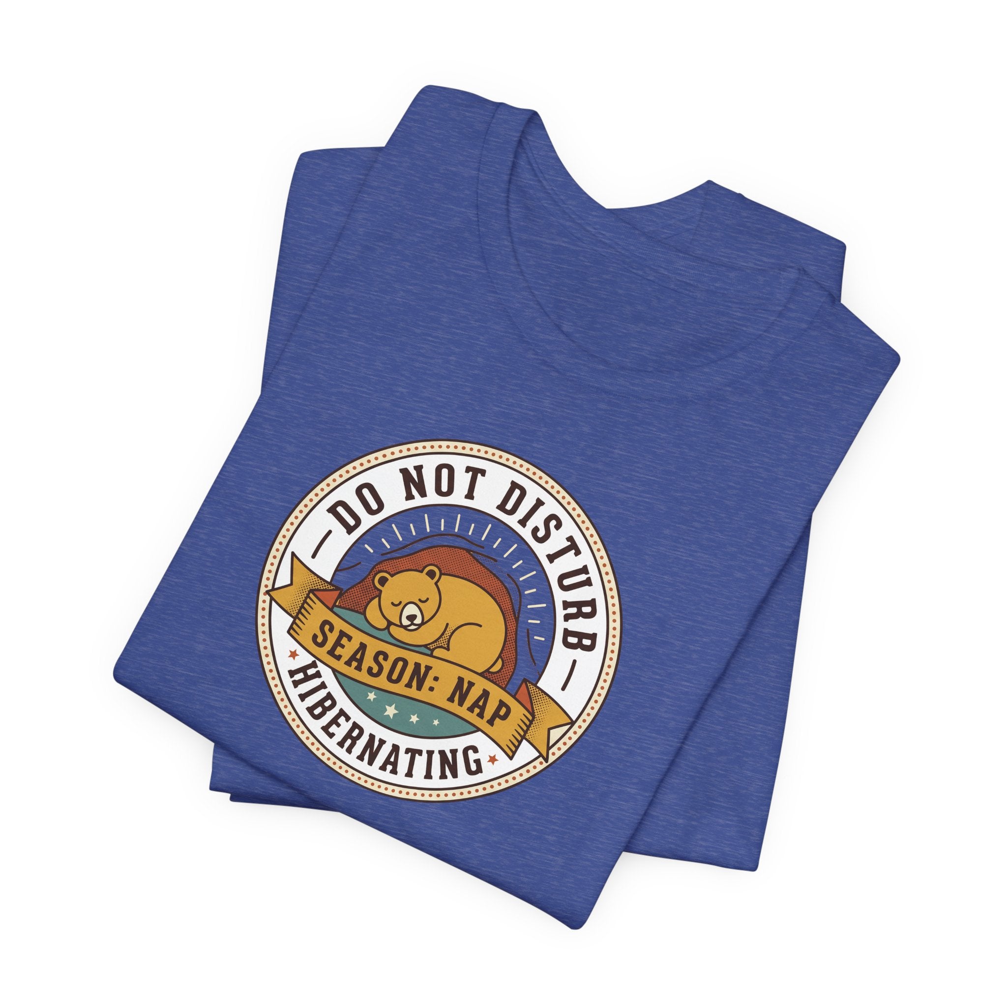 Blue short-sleeve T-shirt with circular bear nap graphic on front.
