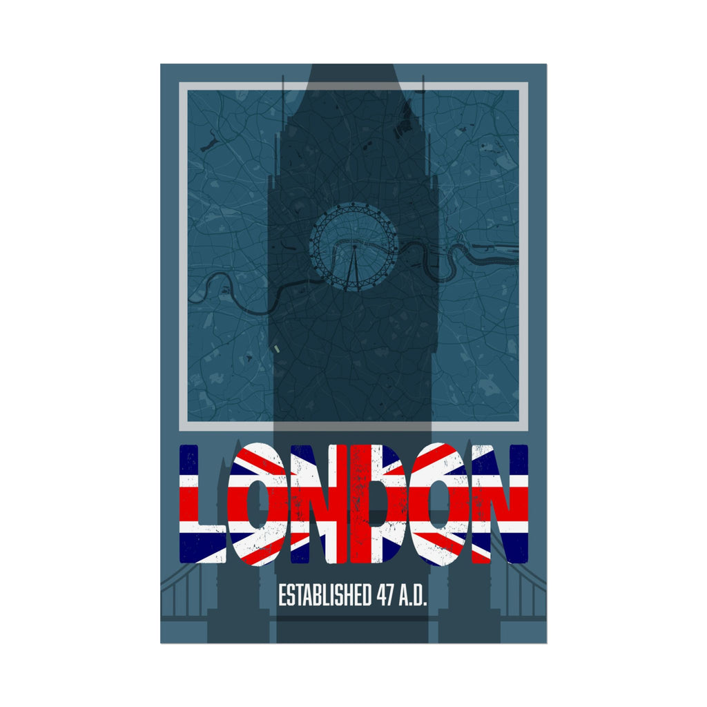 London typography poster with Union Jack “LONDON” text and “Established 47 A.D.”