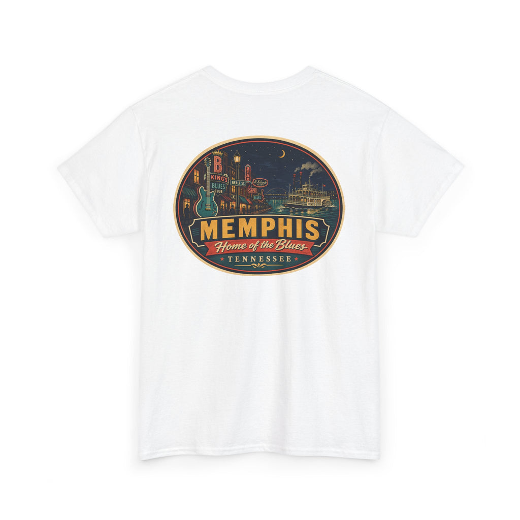 White crewneck T-shirt with Memphis luggage-tag skyline graphic logo
