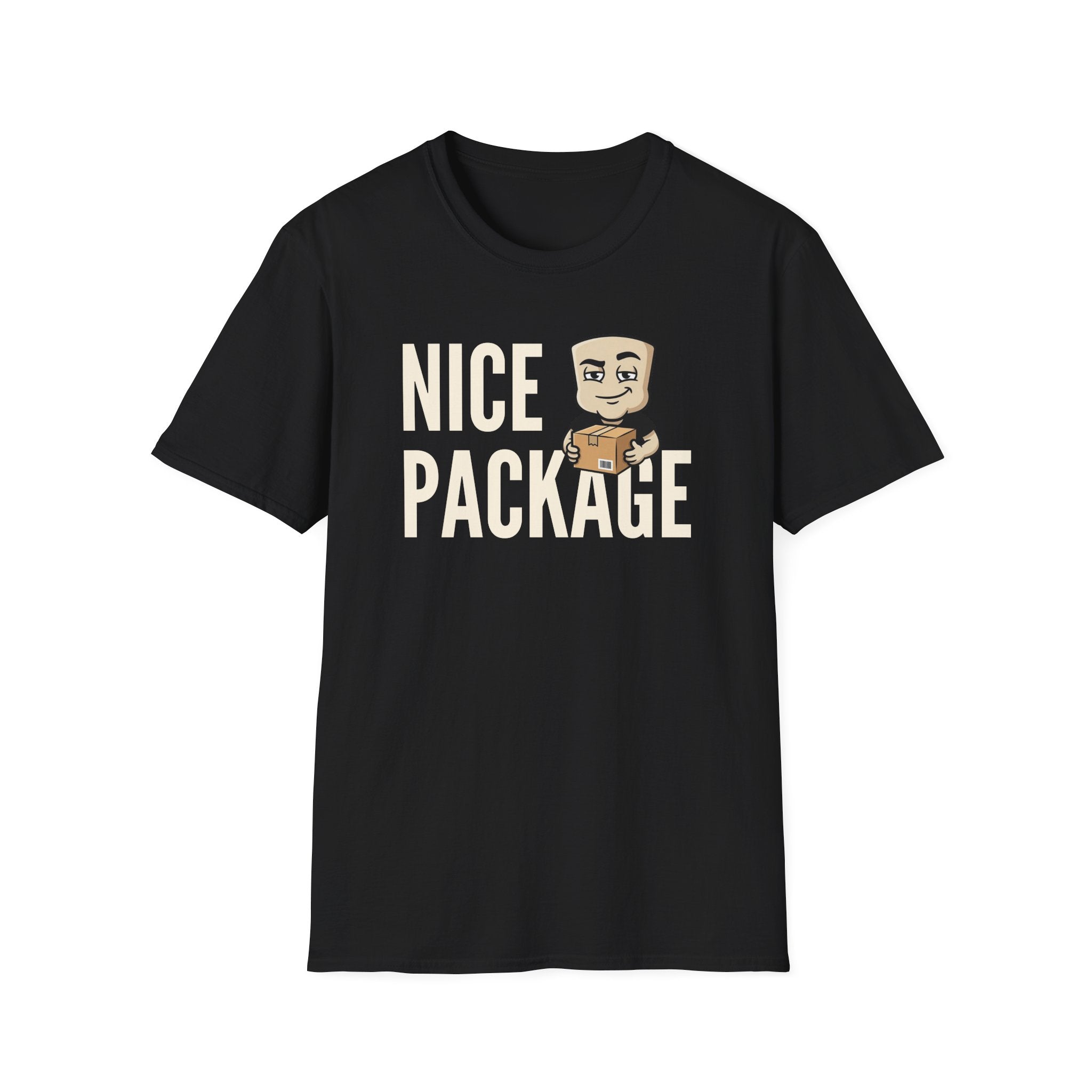Black T-shirt with 'NICE PACKAGE' graphic of a delivery worker holding a box
