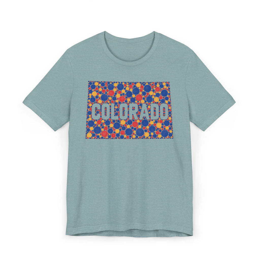 Light blue T-shirt with patterned COLORADO graphic on front