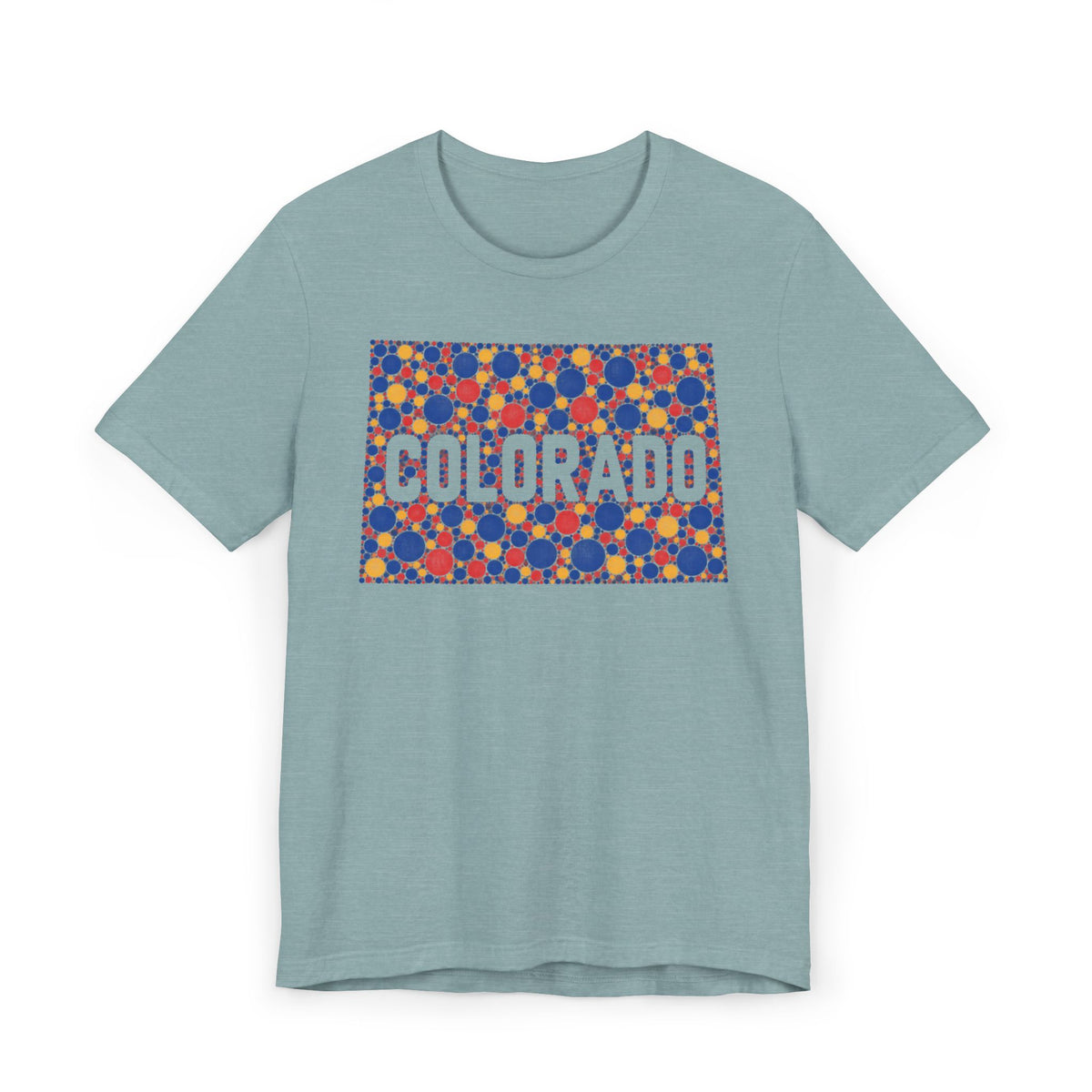 Light blue T-shirt with patterned COLORADO graphic on front