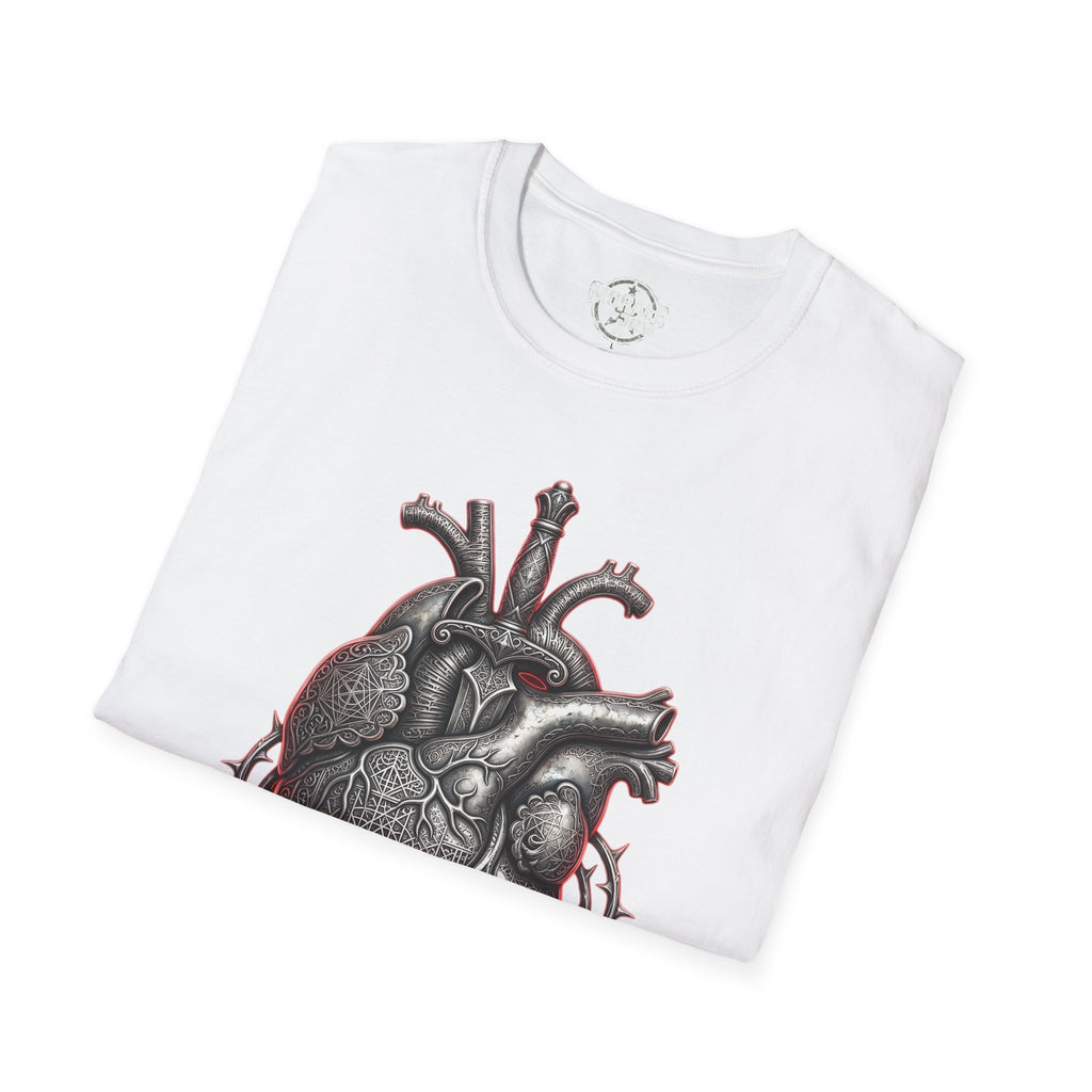 White anatomical heart graphic T-shirt, close-up front view
