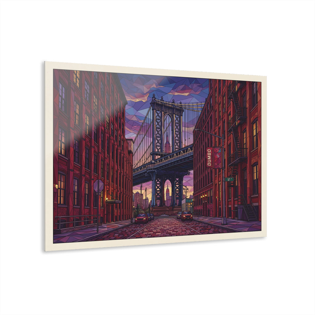 Acrylic wall art print showing a downtown street leading to a bridge, red brick buildings.
