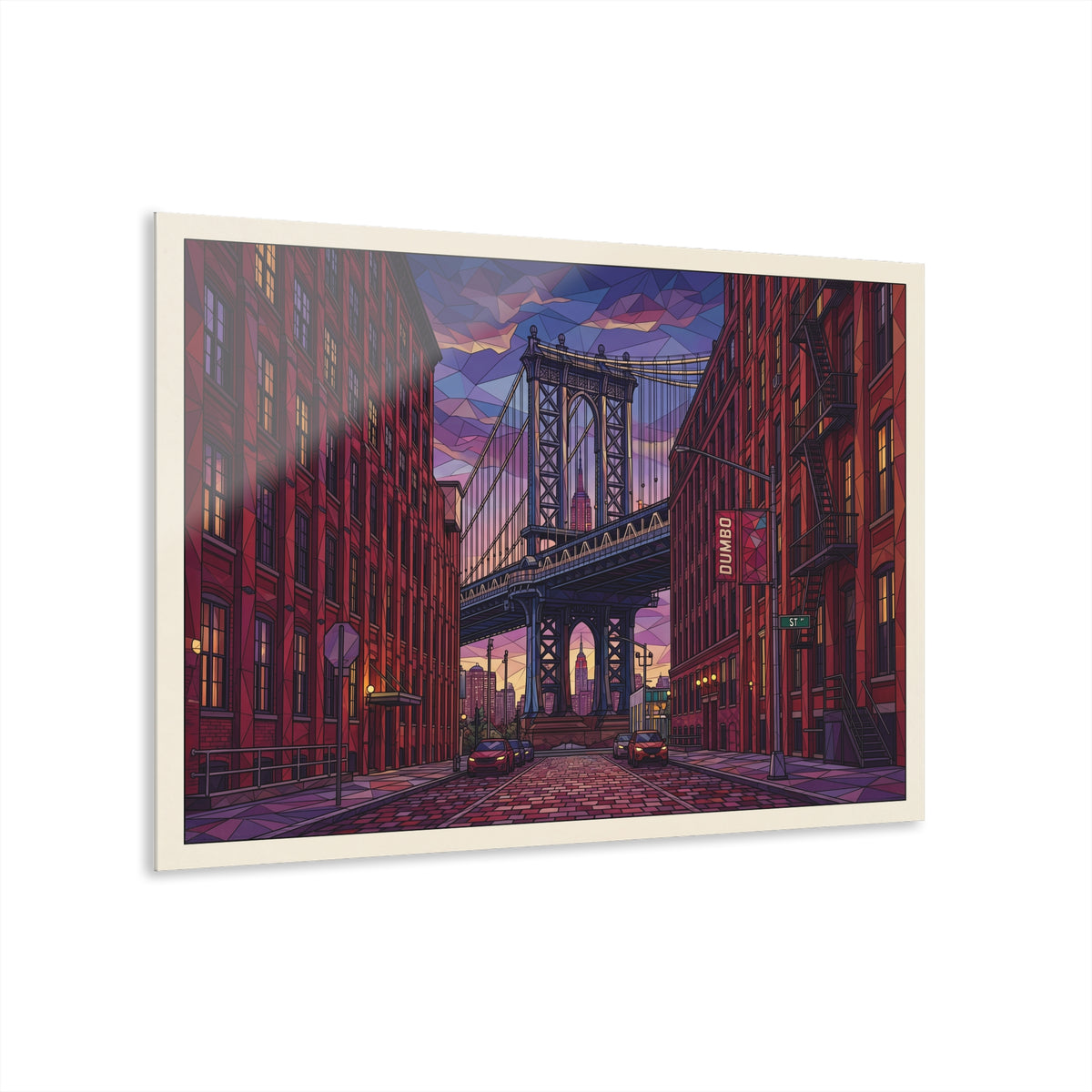 Acrylic wall art print showing a downtown street leading to a bridge, red brick buildings.