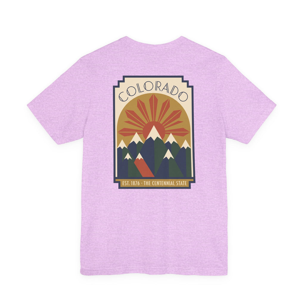 Purple Colorado graphic art deco T-shirt with mountain sunset logo on front