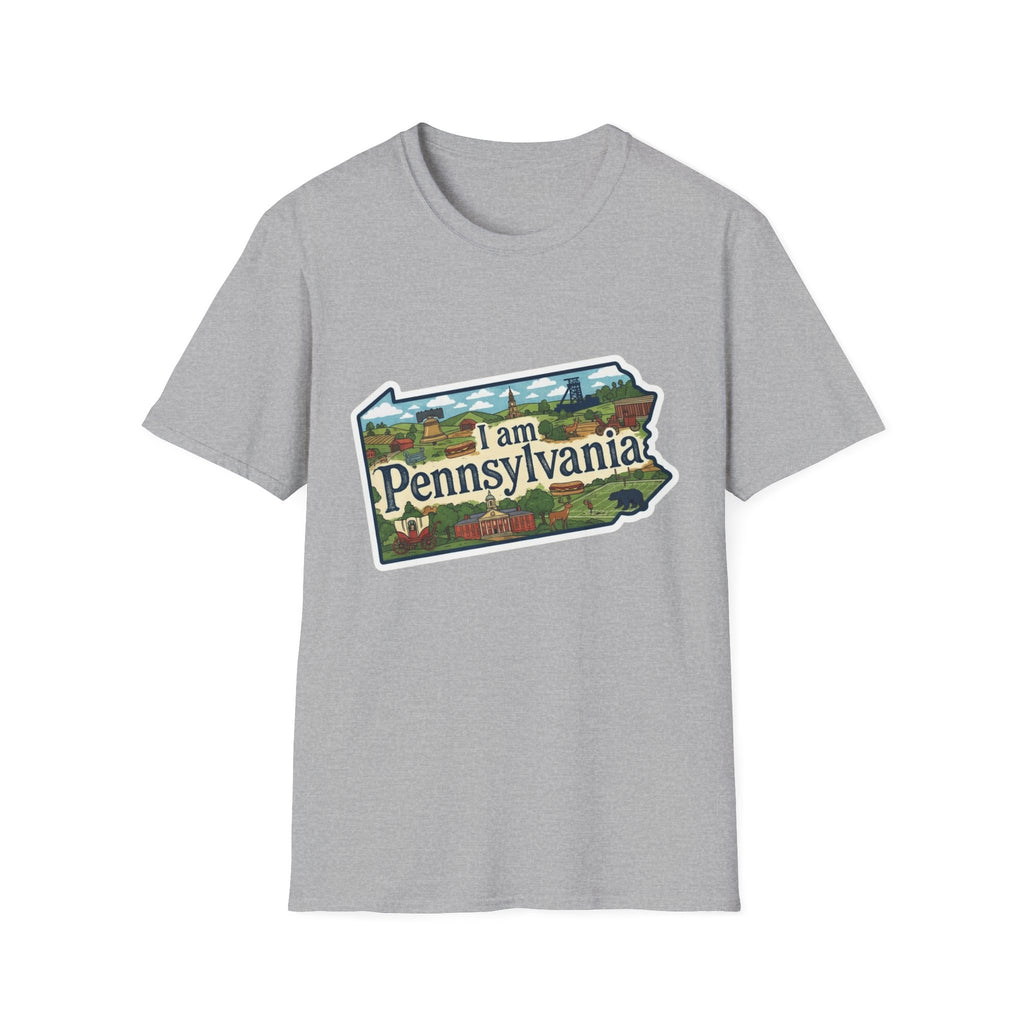 I am Pennsylvania T-shirt (Sport Grey) with Pennsylvania scenic landmarks front print