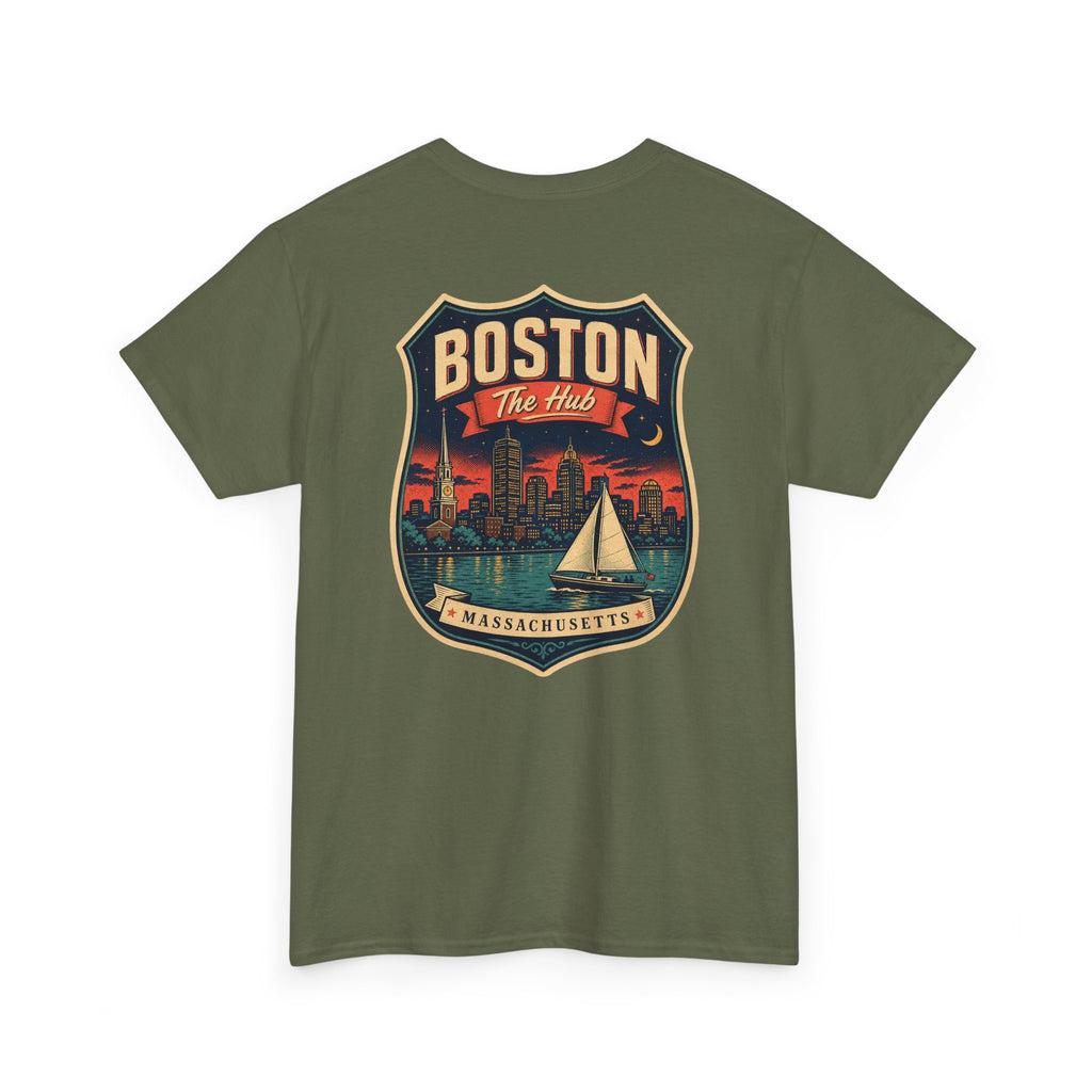 Military green city badge graphic T-shirt with sailboat and skyline crest