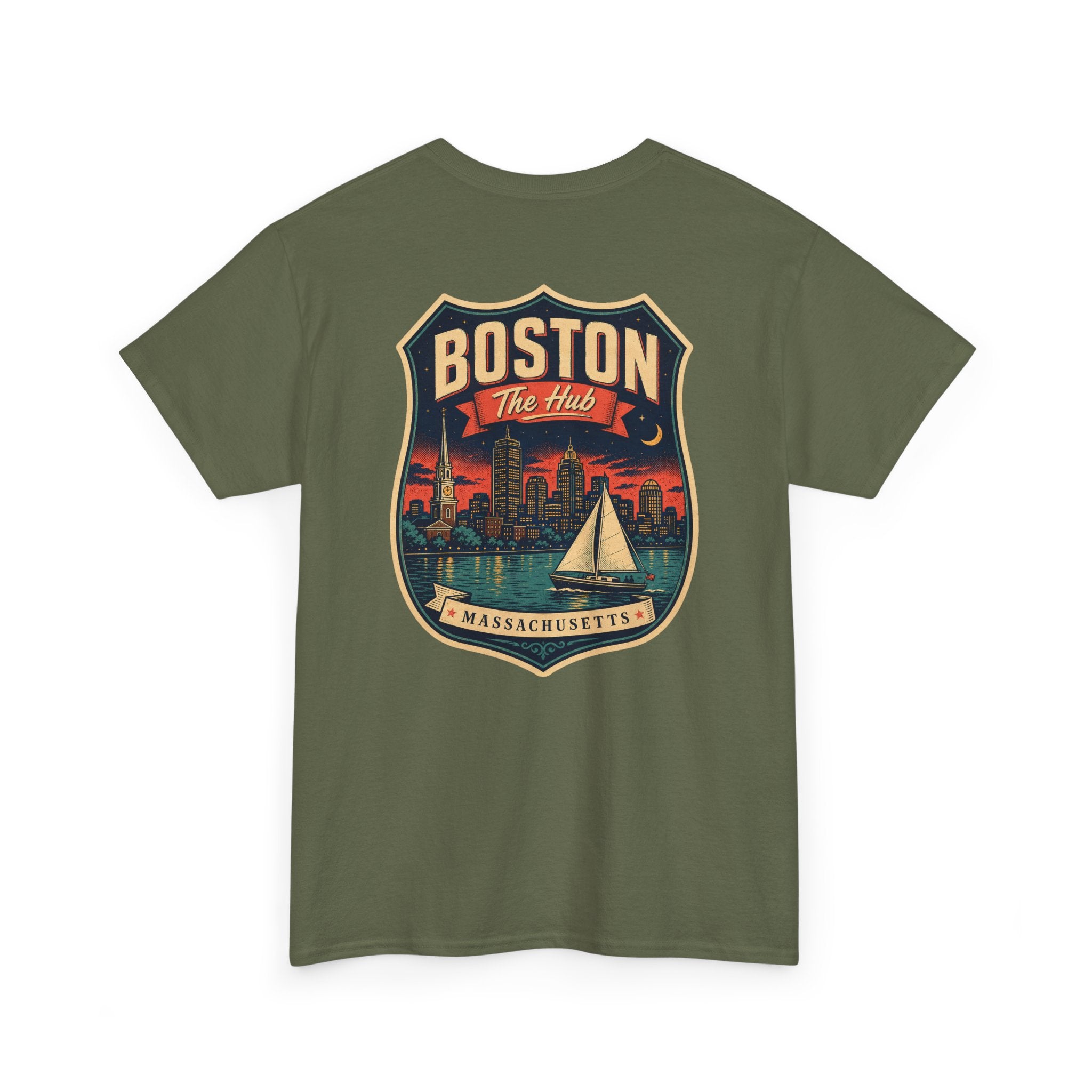 Military green city badge graphic T-shirt with sailboat and skyline crest