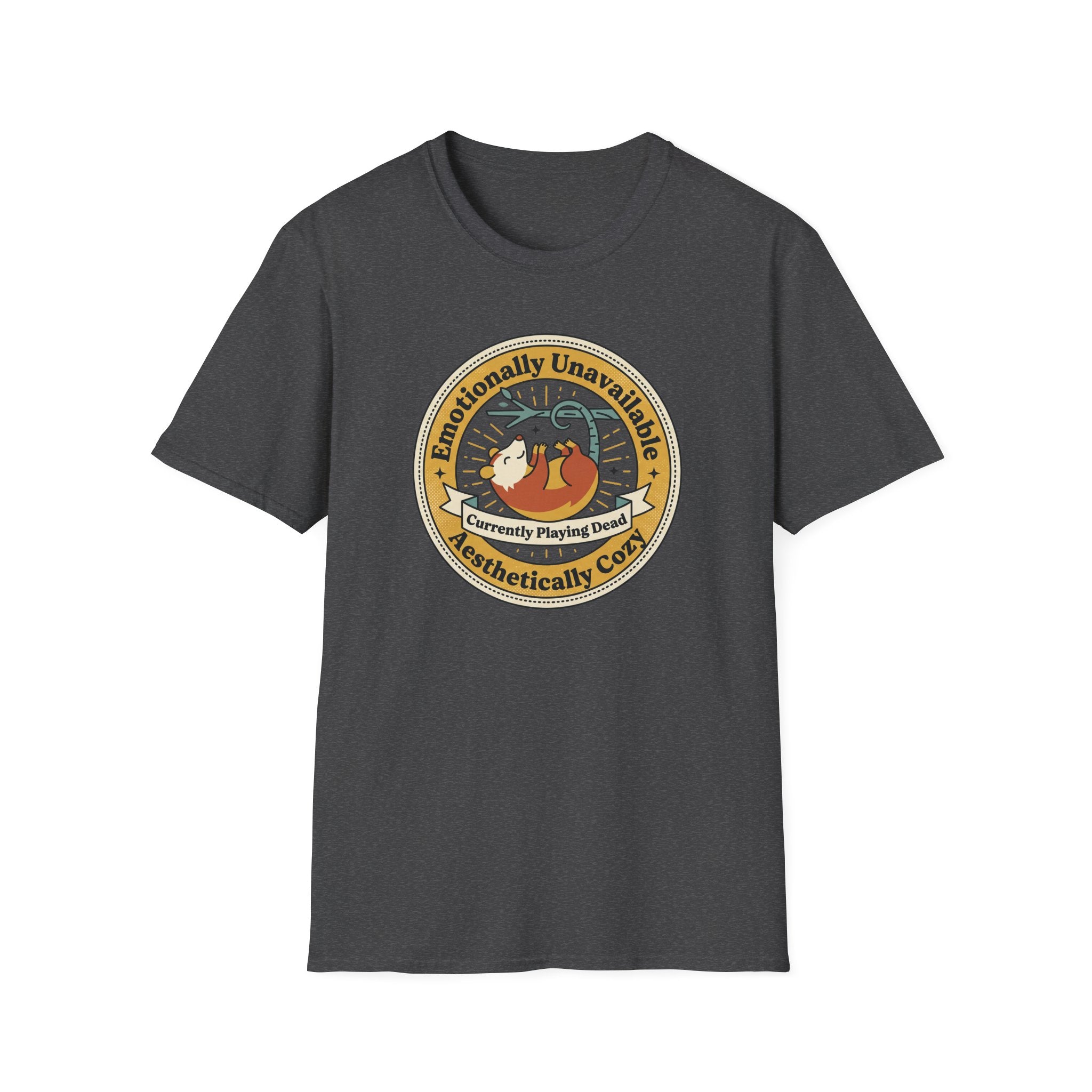 Unisex sloth graphic T-shirt in dark gray, crew neck, short sleeves, front logo badge