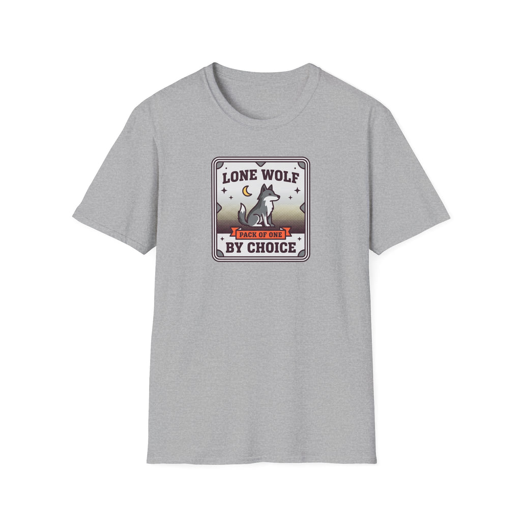 Light gray crewneck T-shirt with Lone Wolf badge graphic, short sleeves