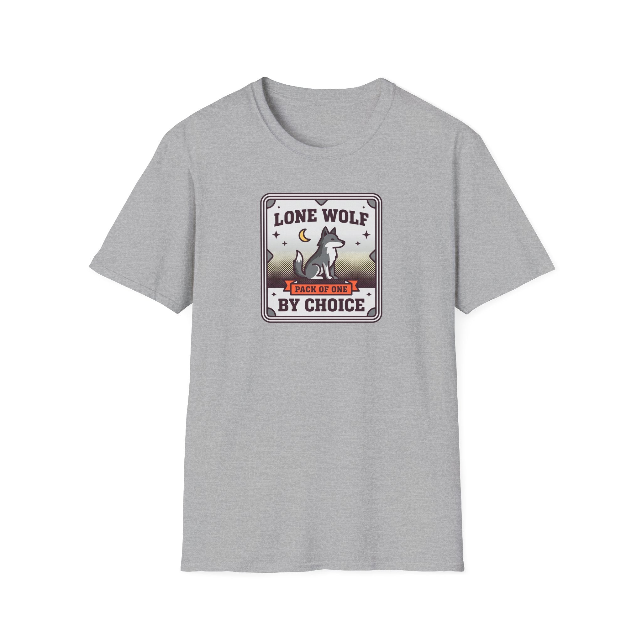 Light gray crewneck T-shirt with Lone Wolf badge graphic, short sleeves