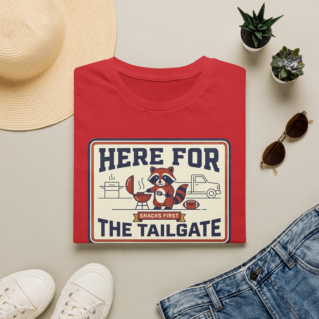 Red crewneck T-shirt with raccoon tailgate graphic, “Here for the Tailgate” print
