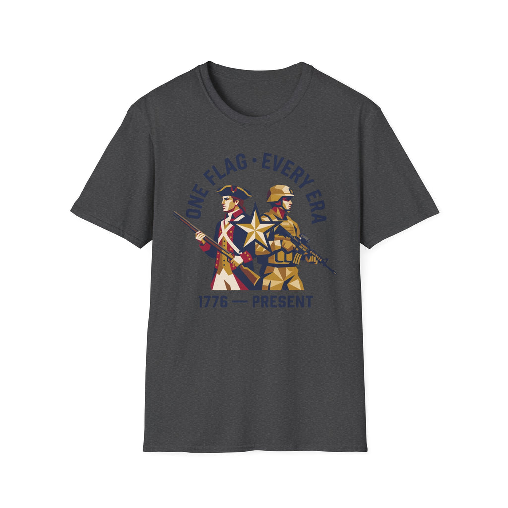 Charcoal military graphic t-shirt with soldier and '1776–present' emblem