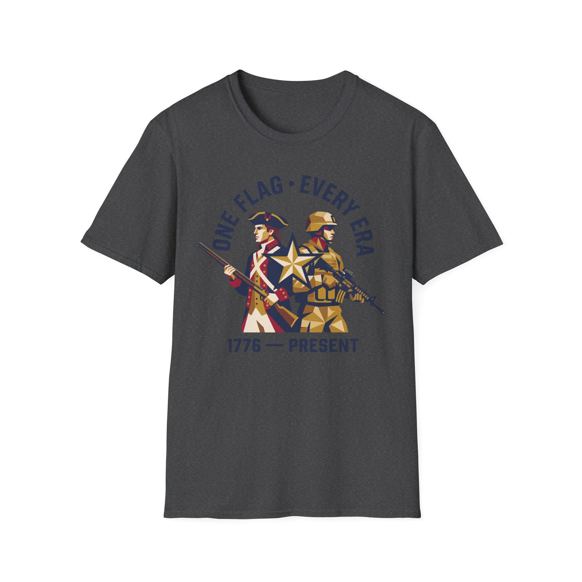 Charcoal military graphic t-shirt with soldier and '1776–present' emblem