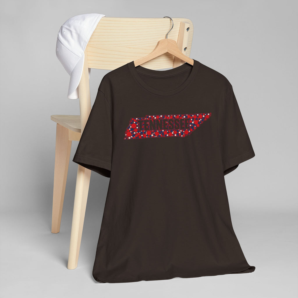 Black crew-neck t-shirt with red floral Tennessee graphic outline on chest