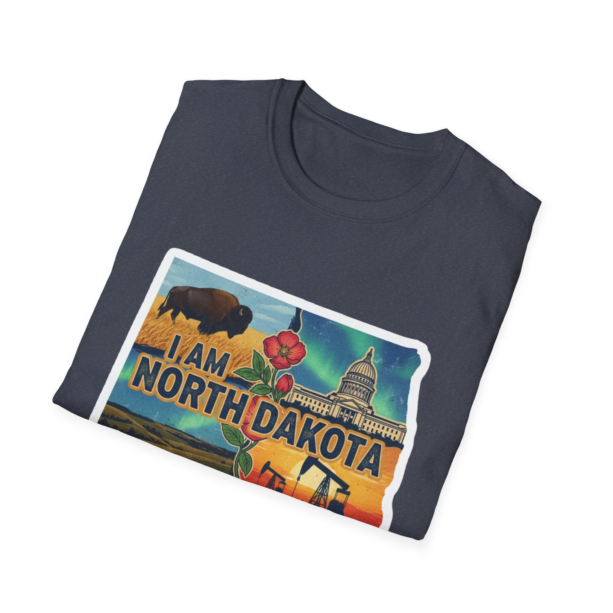 Dark heather navy T-shirt: I Am North Dakota bison & capitol print