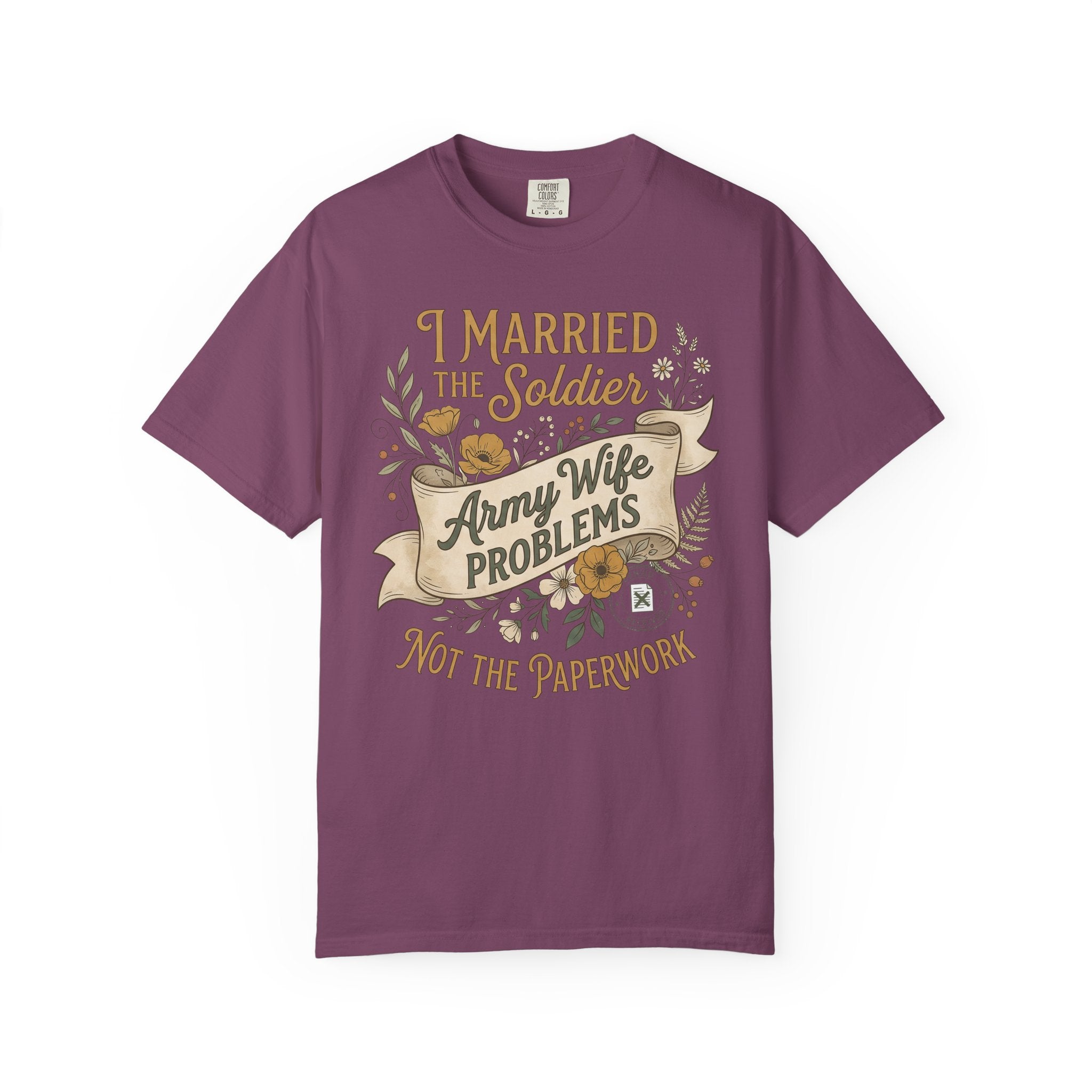 Purple T-shirt with “I Married the Soldier” and “Army Wife Problems” graphic