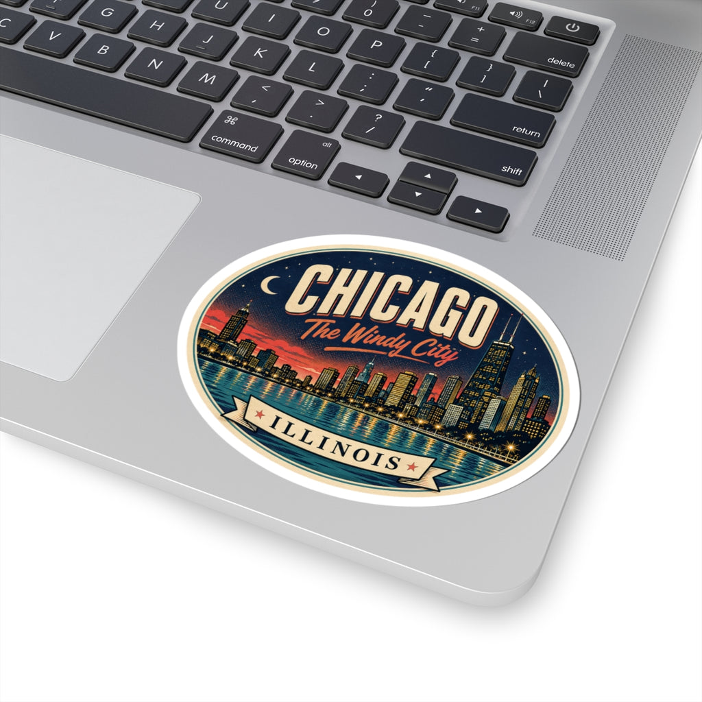 Round Chicago Illinois luggage tag sticker on laptop, Windy City skyline art and Illinois banner