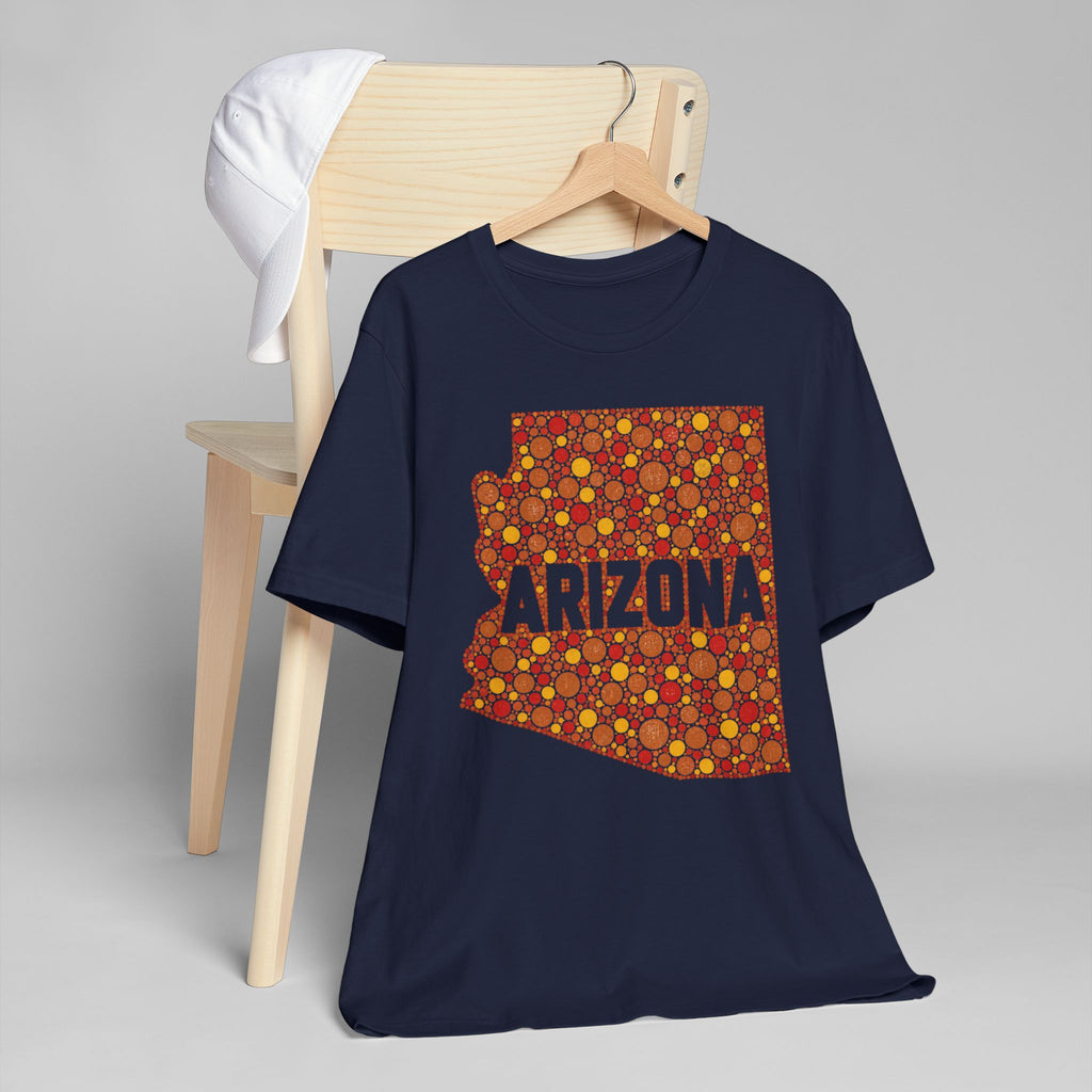 Navy t-shirt with orange patterned Arizona outline graphic