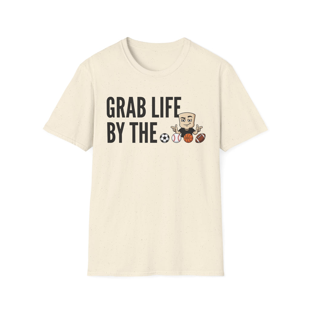 Off-white crewneck T-shirt with “GRAB LIFE BY THE” text and sports ball graphic