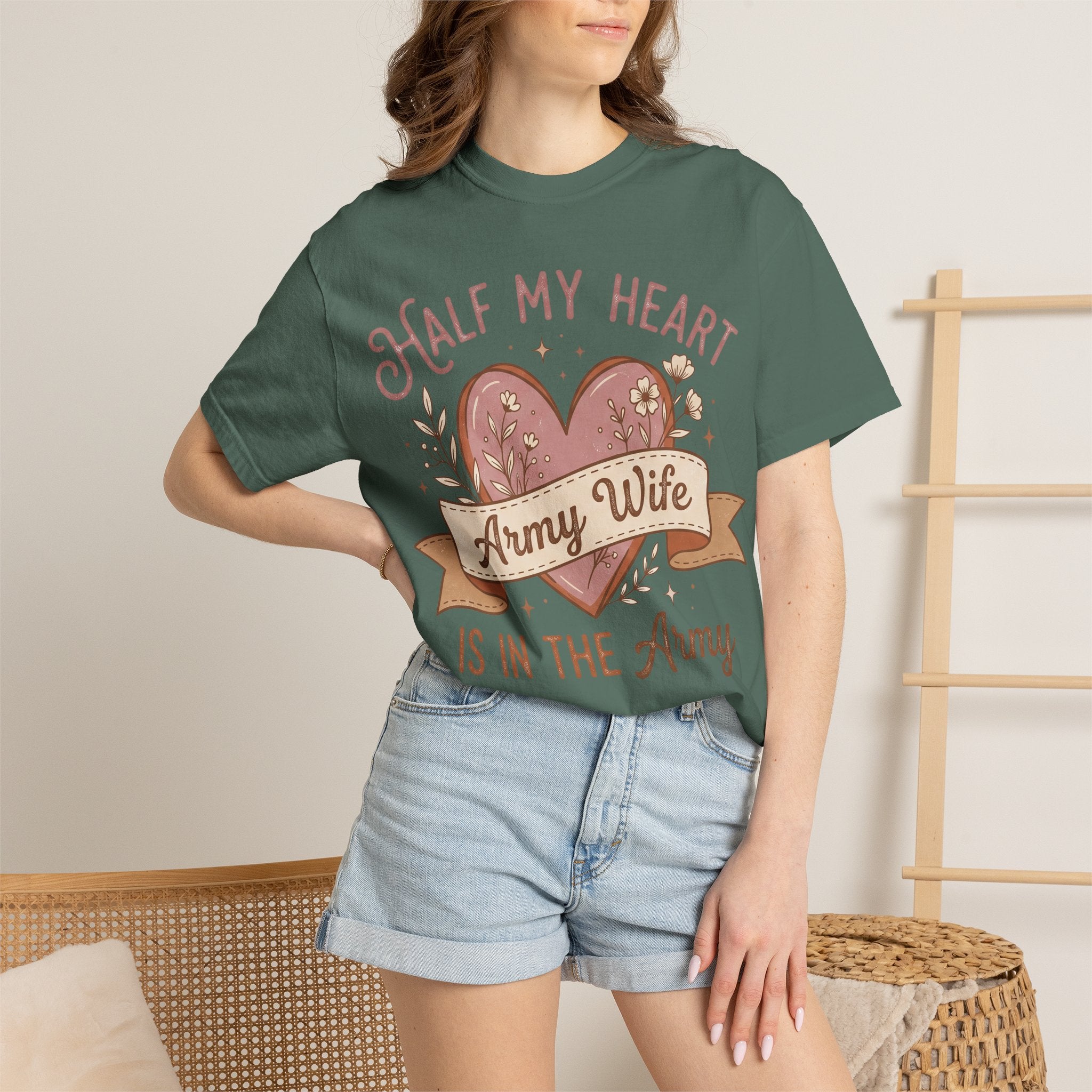 Green T-shirt with “Half My Heart” and “Army Wife” heart graphic