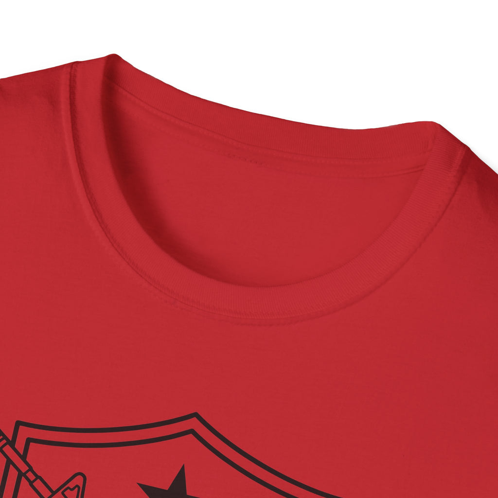 Red crewneck T-shirt neckline, ribbed collar and partial front graphic