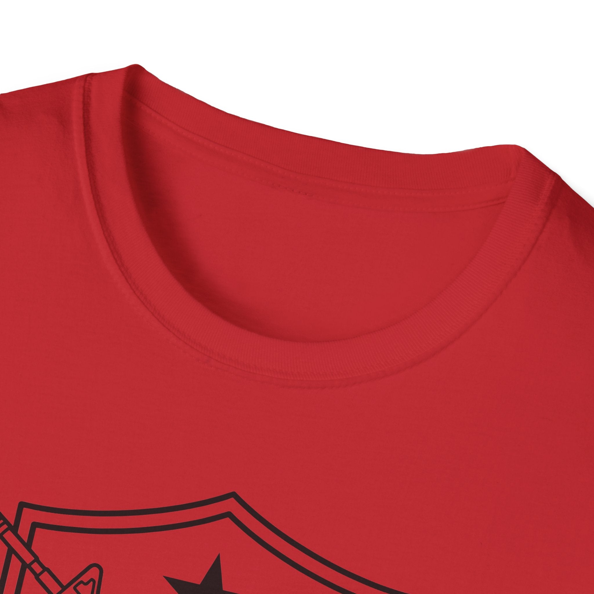 Red crewneck T-shirt neckline, ribbed collar and partial front graphic