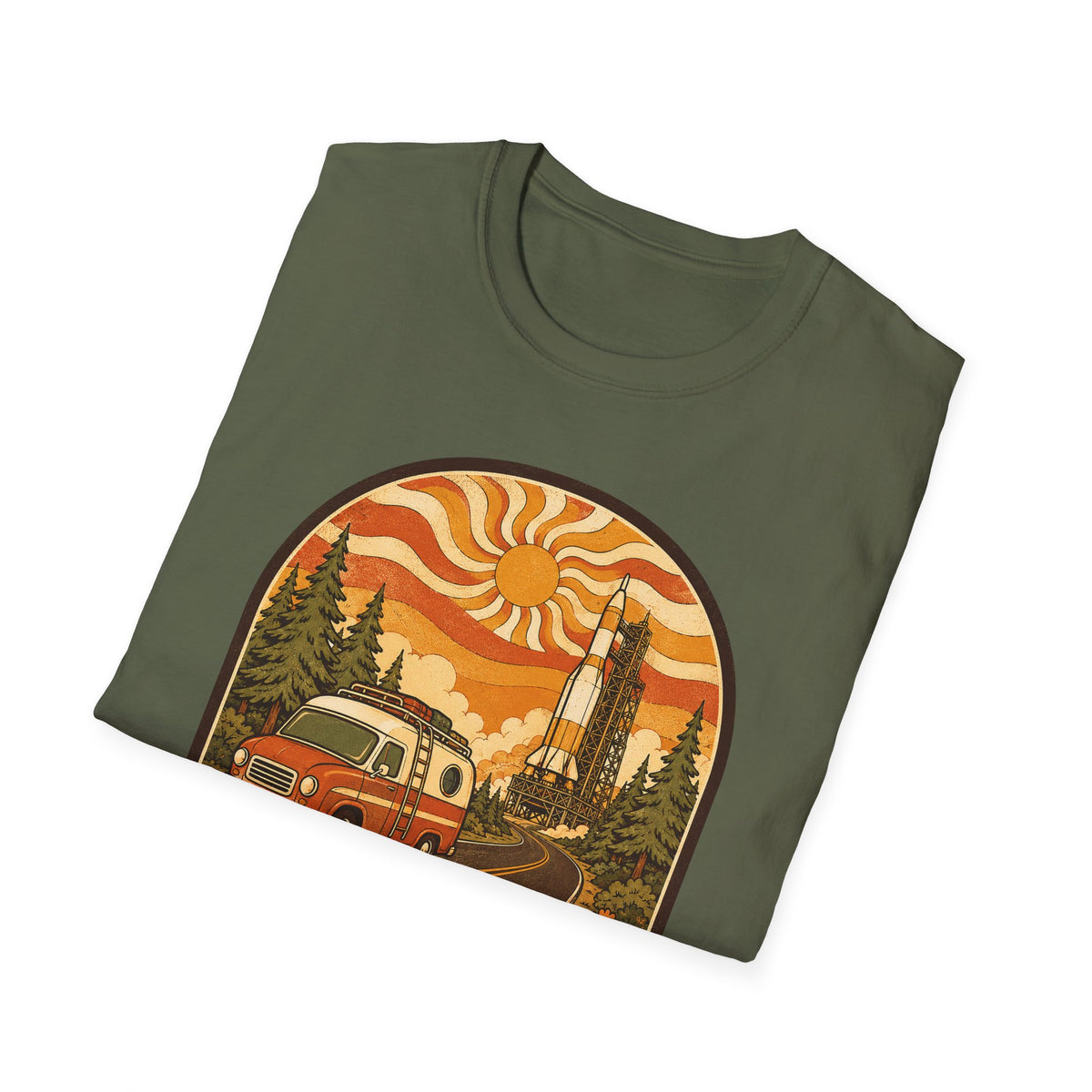 Unisex graphic T-shirt, military green with vintage camper and sunset rocket scene in circle