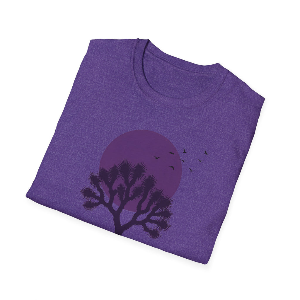 Purple T-shirt with dark Joshua tree silhouette and large moon graphic