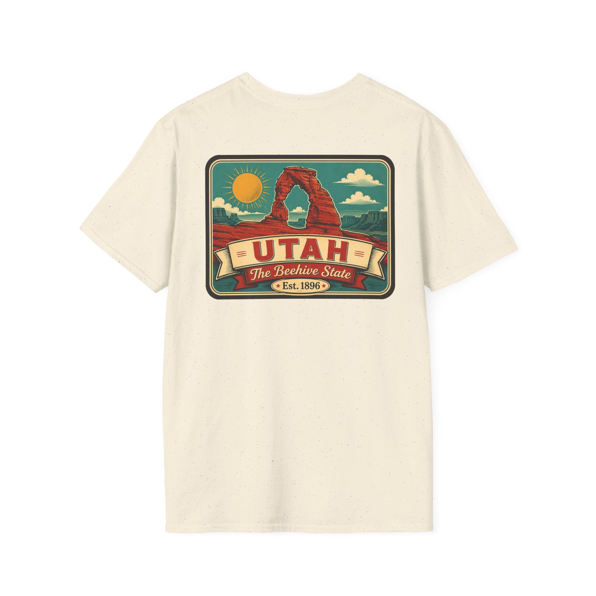 Cream crewneck T-shirt with Utah travel badge graphic on the front