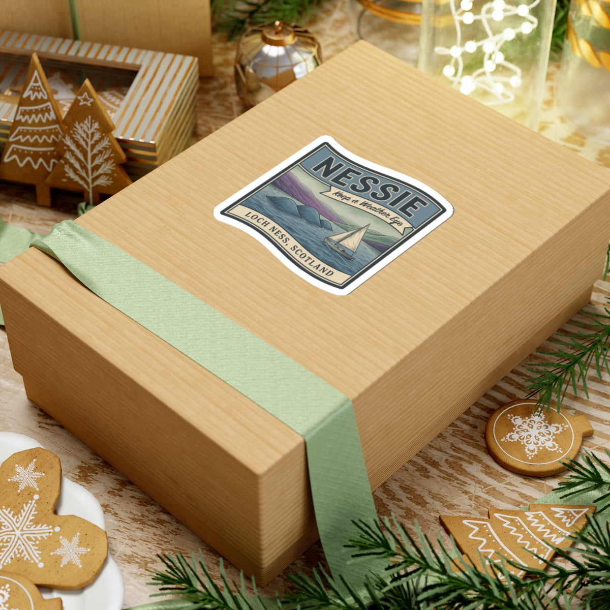 Loch Ness Scotland sticker on a gift box top with Nessie, sailboat, and vintage artwork