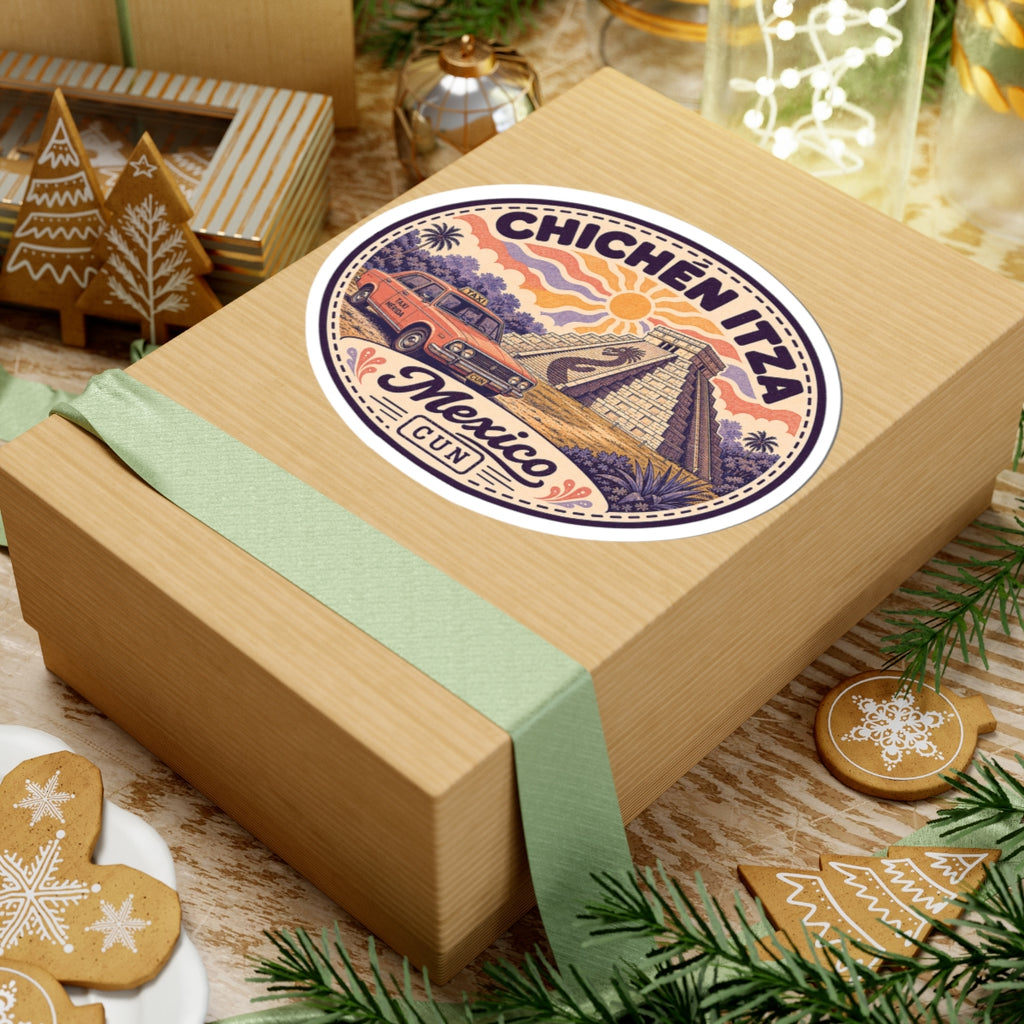 Circular Chichen Itza sticker with pyramid and vintage taxi, “Mexico CUN” on gift box.