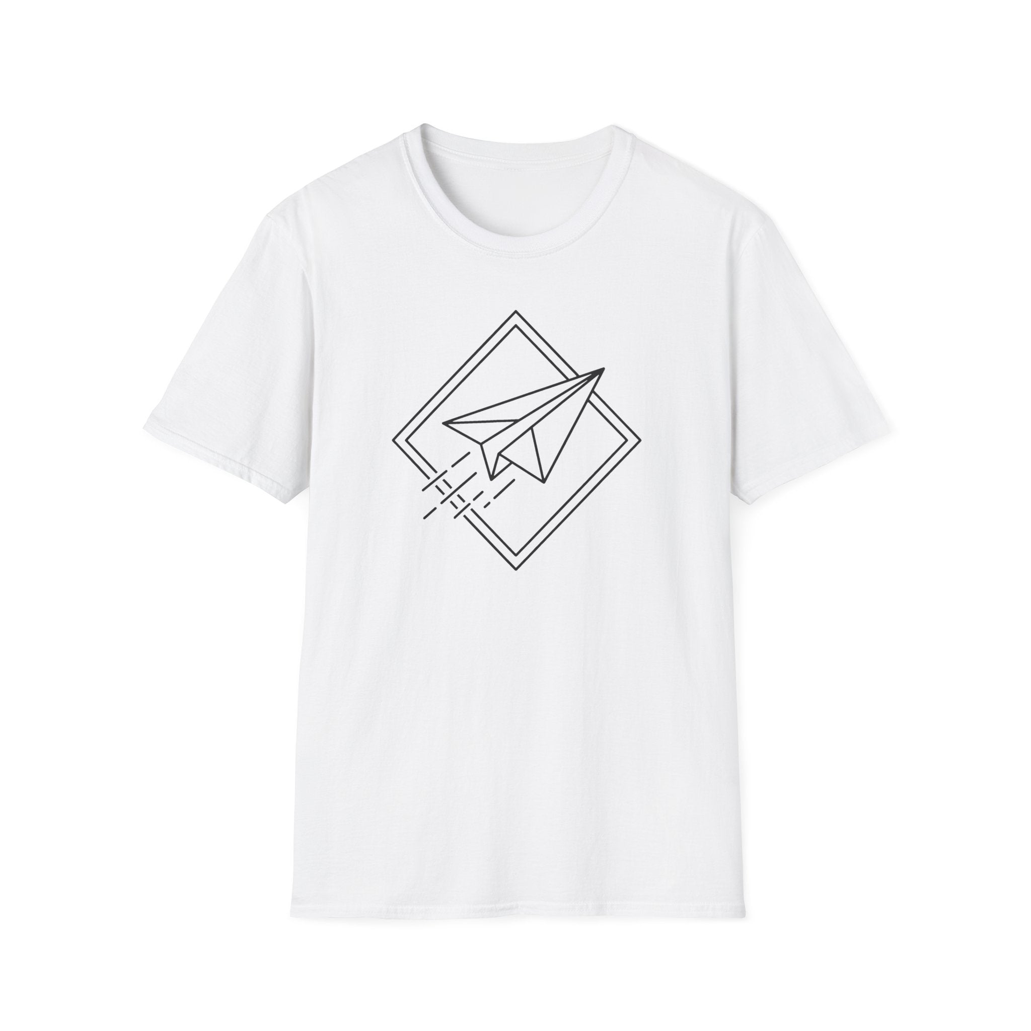 White T-shirt with black paper airplane line-art graphic on the chest