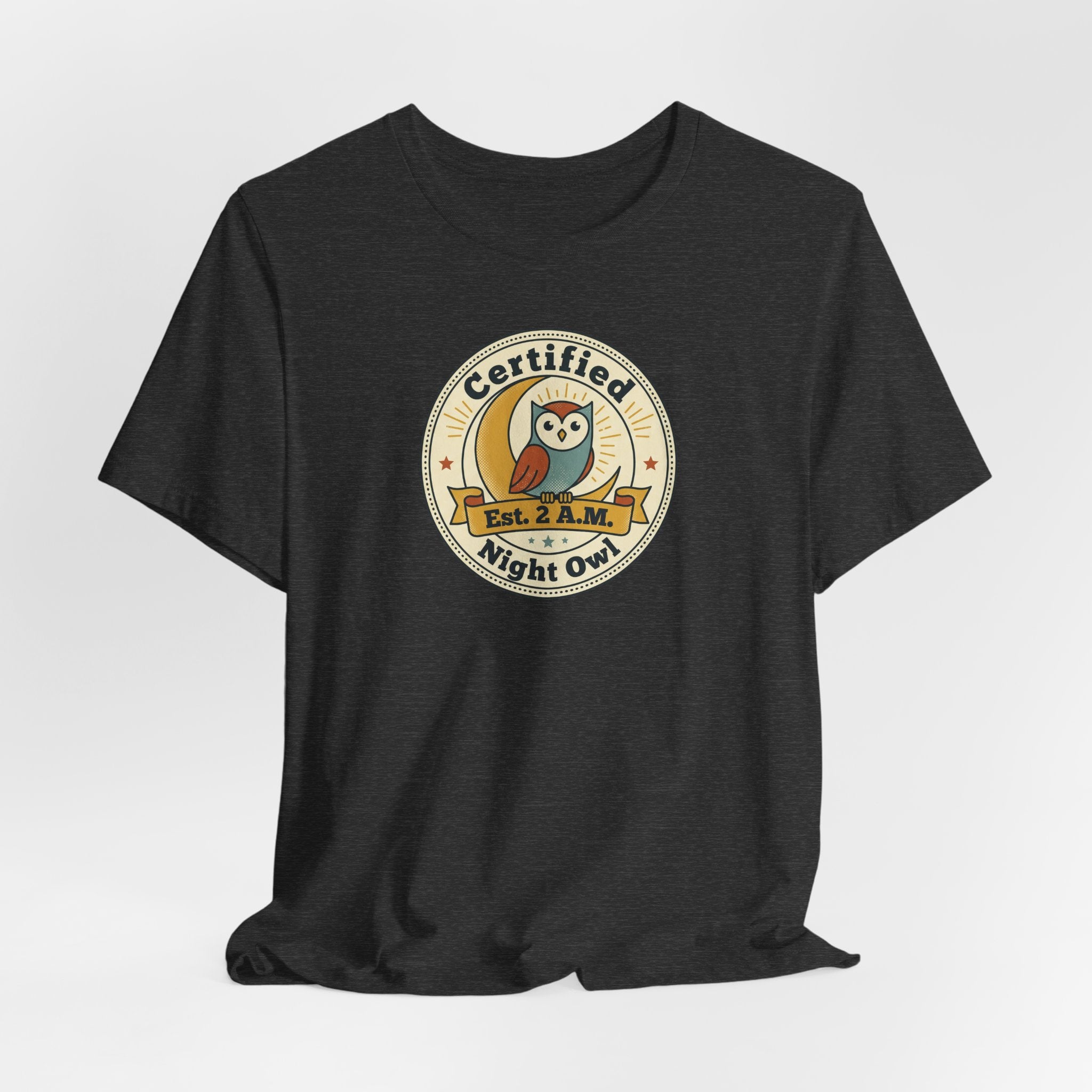 Black heather T-shirt with round Certified Night Owl badge graphic on chest